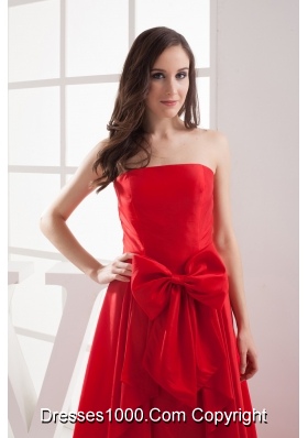 Red A-line Bowknot Brush Train Taffeta Prom Dress