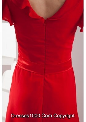 Red Short Sleeves Bow V-neck Prom Dress