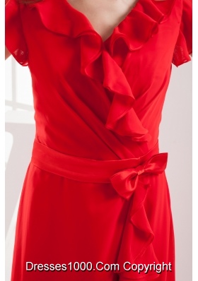 Red Short Sleeves Bow V-neck Prom Dress