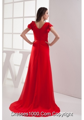 Red Short Sleeves Bow V-neck Prom Dress