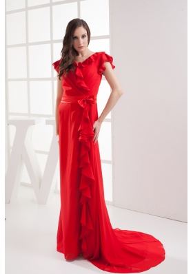 Red Short Sleeves Bow V-neck Prom Dress