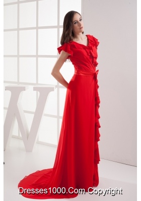 Red Short Sleeves Bow V-neck Prom Dress