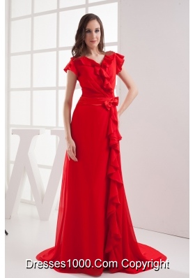 Red Short Sleeves Bow V-neck Prom Dress