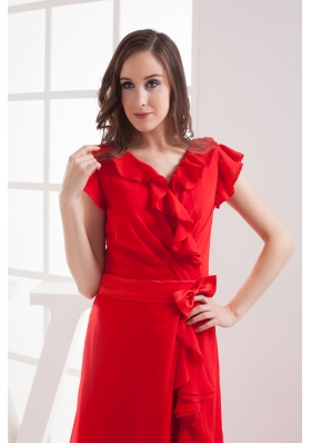 Red Short Sleeves Bow V-neck Prom Dress