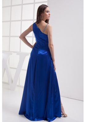 Royal Blue High Slit One Shoulder Ruching Beading Prom dress