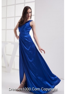 Royal Blue High Slit One Shoulder Ruching Beading Prom dress