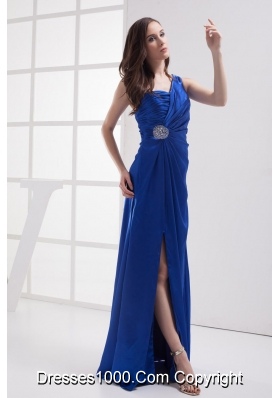 Royal Blue High Slit One Shoulder Ruching Beading Prom dress