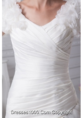 Ruching A-Line V-Neck Court Train Wedding Dress with Short Sleeves