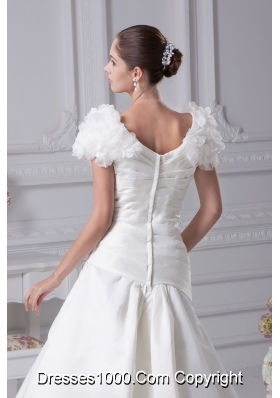 Ruching A-Line V-Neck Court Train Wedding Dress with Short Sleeves