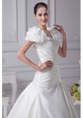 Ruching A-Line V-Neck Court Train Wedding Dress with Short Sleeves