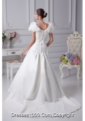 Ruching A-Line V-Neck Court Train Wedding Dress with Short Sleeves