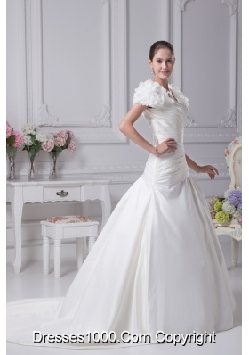 Ruching A-Line V-Neck Court Train Wedding Dress with Short Sleeves