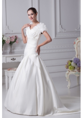 Ruching A-Line V-Neck Court Train Wedding Dress with Short Sleeves