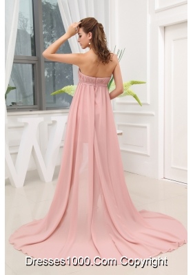 Ruching Hig-low Strapless Sash Brush Train Prom Dress