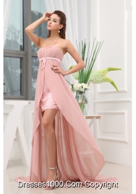 Ruching Hig-low Strapless Sash Brush Train Prom Dress