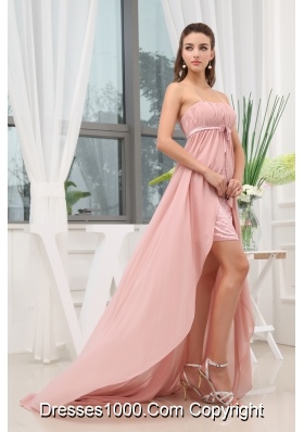 Ruching Hig-low Strapless Sash Brush Train Prom Dress