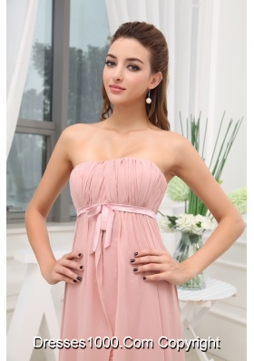 Ruching Hig-low Strapless Sash Brush Train Prom Dress