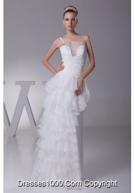 Ruffled Layers One Shoulder long Column Wedding Dress