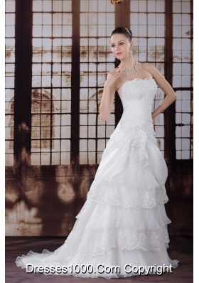 Ruffled Layers Strapless Lace Hand Made Flower Pleat Wedding Dress