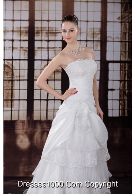 Ruffled Layers Strapless Lace Hand Made Flower Pleat Wedding Dress