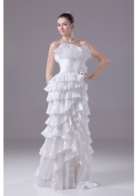 Ruffles and Pleat Strapless Column White long Wedding Dress