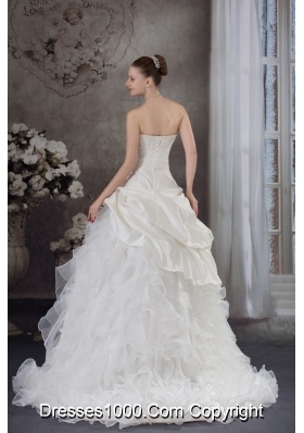 Ruffles Beading Strapless Brush Train Weding Dress