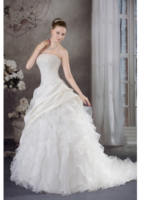 Ruffles Beading Strapless Brush Train Weding Dress