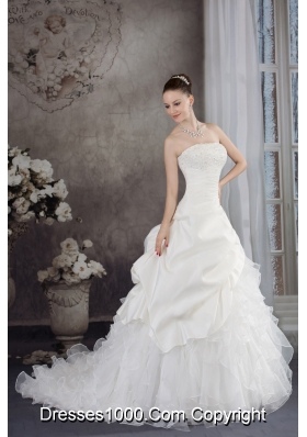 Ruffles Beading Strapless Brush Train Weding Dress