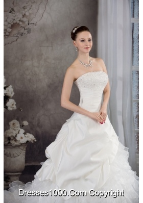 Ruffles Beading Strapless Brush Train Weding Dress