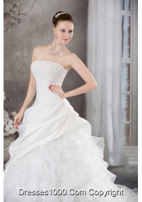 Ruffles Beading Strapless Brush Train Weding Dress