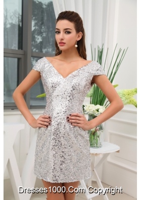 Sequin Mini-length V-neck Cap Sleeves Prom Dress