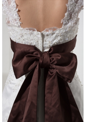 Square Neck Princess Lace Wedding Dress With Brown Sash