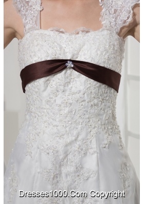 Square Neck Princess Lace Wedding Dress With Brown Sash