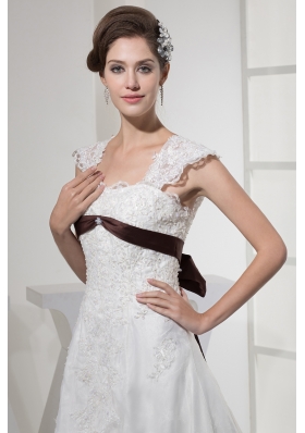 Square Neck Princess Lace Wedding Dress With Brown Sash