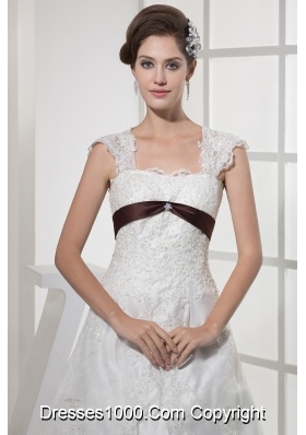 Square Neck Princess Lace Wedding Dress With Brown Sash