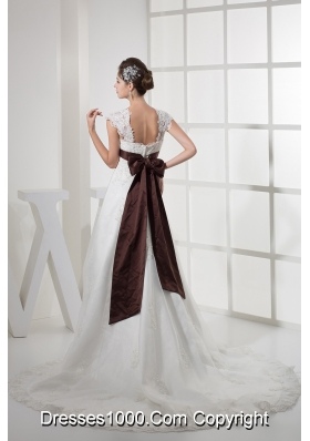 Square Neck Princess Lace Wedding Dress With Brown Sash