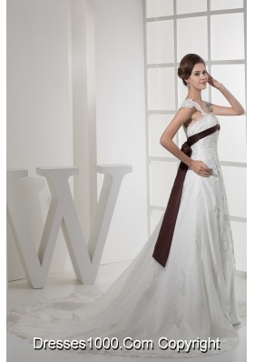 Square Neck Princess Lace Wedding Dress With Brown Sash