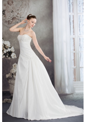 Strapless Beading A-line Brush Train Wedding Dress