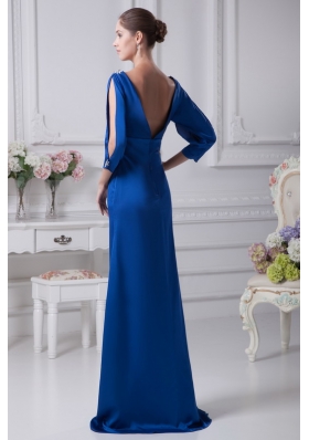 V-neck 3/4 Sleeves Blue Brush Train Mother Of The Bride Dress