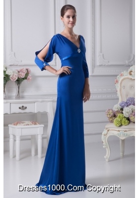 V-neck 3/4 Sleeves Blue Brush Train Mother Of The Bride Dress