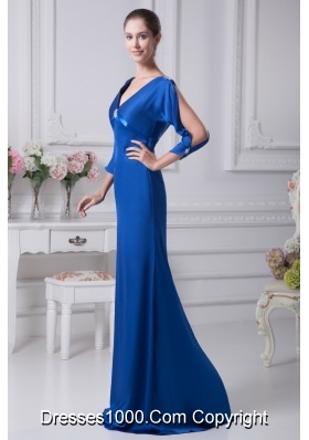 V-neck 3/4 Sleeves Blue Brush Train Mother Of The Bride Dress