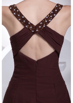 V-neck A-line Brown Beading Brush Train Prom Dress