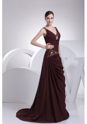 V-neck A-line Brown Beading Brush Train Prom Dress