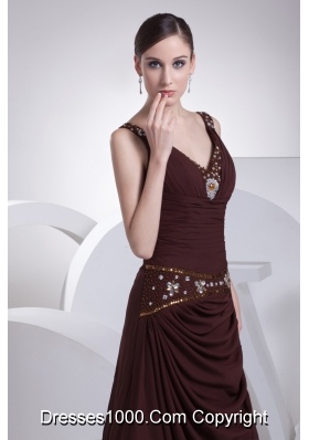 V-neck A-line Brown Beading Brush Train Prom Dress