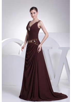 V-neck A-line Brown Beading Brush Train Prom Dress