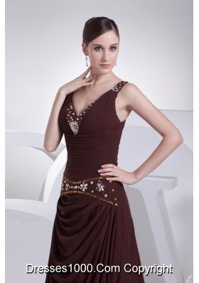 V-neck A-line Brown Beading Brush Train Prom Dress