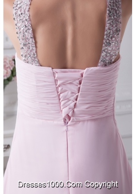 V-neck Baby Pink Empire Beading Long Prom Dress