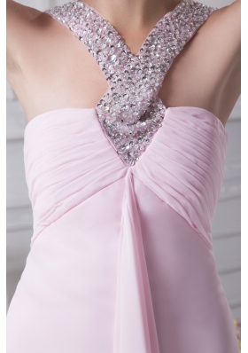 V-neck Baby Pink Empire Beading Long Prom Dress