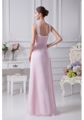 V-neck Baby Pink Empire Beading Long Prom Dress