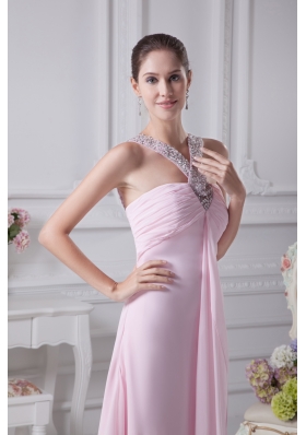 V-neck Baby Pink Empire Beading Long Prom Dress